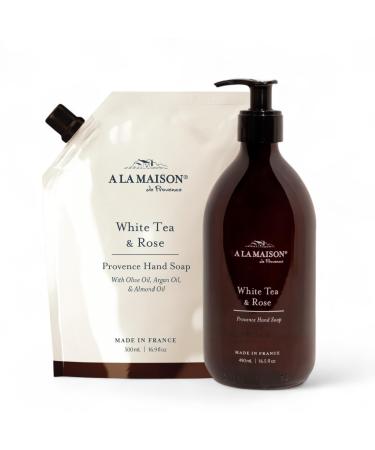 A LA MAISON Hand Soap Gift Set White Tea & Rose Refill Pouch Glass Hand Wash Eco-Friendly & Recyclable Plant-Based Biodegradable Made in France 16.9 fl oz Amber Collection