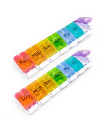 2 Pcs XL Weekly Pill Organizer Arthritis Friendly Travel 7 Day Pill Box Case Large Pill Case with Popup Open Design to Hold Vitamins Fish Oil Supplements and Medication (Rainbow)