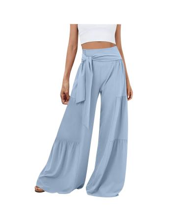 Laijianwang Women Loose Casual Solid Tiered High Waist Trousers Wide Leg Culottes for Women Palazzo Pants for Women Pants Light Blue Medium
