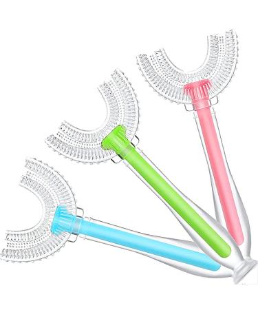 U-Shaped Toothbrush Kids 3 PCS, Toddler Toothbrush with Soft Silicone Bristles, Kids Toothbrushes U Shape for Age 2-8 with Suction Cup Base 3pcs(blue+green+pink)