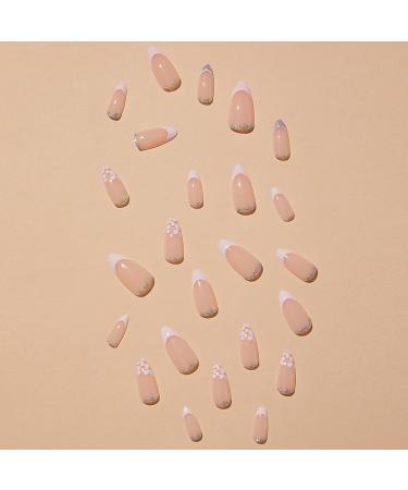 NICENEEDED 24 PCS Almond Press on Nail with Flowers Bling Short Coffin French false Nails Glitter Oval Nude Nail Tips Artificial Full Cover Acrylic Nails for Women and Girls Sequin-Flower - Buy Online on GoSupps.com