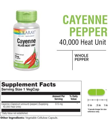 Solaray Cayenne Pepper 515mg | 40,000 Heat Units | Digestion, Circulation & Metabolism Support | Non-GMO | 100 VegCaps - Buy Online on GoSupps.com