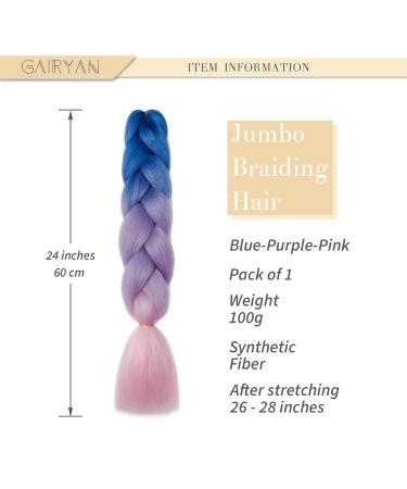 Buy Gairyan Jumbo Braids Extensions - 60cm Ombre Synthetic Hair for Box & Crochet Braids (Blue Purple Pink) - International Shipping Available - Buy Online on GoSupps.com