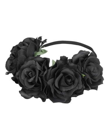 LONTG Halloween Black Flower Crown Headband Hair Wreath Gothic Garland Headpiece Headdress Day of The Dead Costume Accessories Fancy Dress for Halloween Christmas Costume Party Masquerade Hen Party