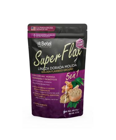 Betel Natural SuperFlax 5 en 1 Golden Flaxseed Powder - Curcuma Moringa Guanabana y Prioboticos - 12 Oz