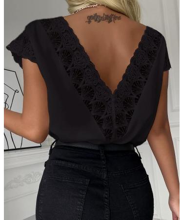 Women's Black V Neck Button Down Blouse with Lace Trim Backless Detail | Cap Sleeve Tunic Shirt - Buy Online on GoSupps.com