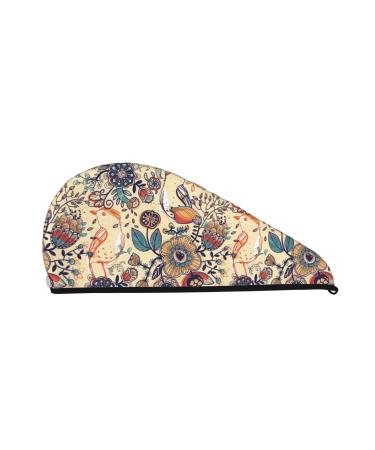 Hair Towel Wrap Hair Drying Towel with Button Towel Turban Head Towel to Dry Hair Quickly (Floral with Birds and Fantasy Flowers)