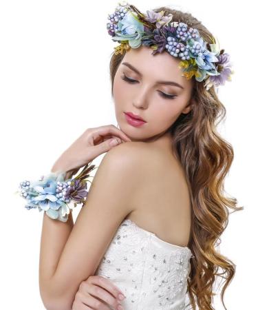 Ever Fairy Flower Wreath Crown Set | Blue Flower Garland Headband & Wristband for Women & Girls - Perfect for Weddings - Buy Online on GoSupps.com