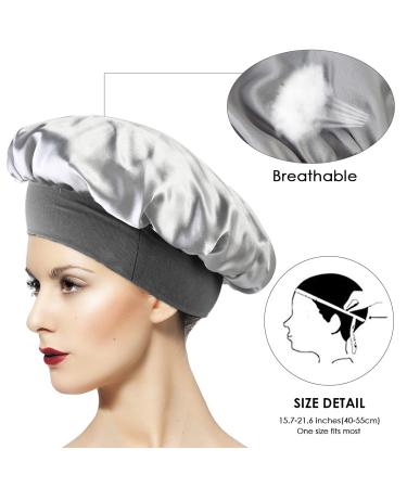 Petyoung 3 Pack Satin Sleep Caps for Women & Girls - Elastic Wide Band Beanie Hat for Curly Hair - Wine Red, Black, Silver - Buy Online on GoSupps.com