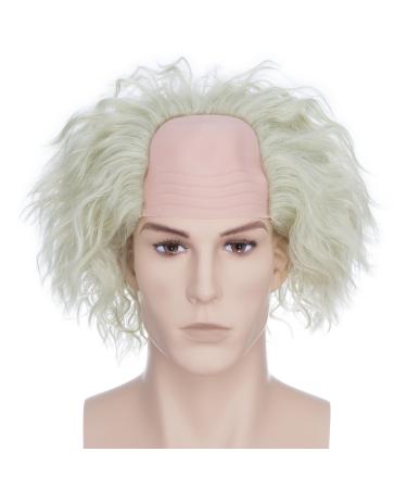 BUYOGET Mens Wig White Blonde Short Curly Wig Mad Scientist Einstein Bald Wig for Cosplay Halloween Party Movie #341 White Blonde