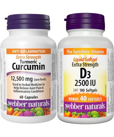 Webber Naturals Turmeric Curcumin Extra Strength & Vitamin D3 2500 IU Extra Strength 180 Softgels For Healthy Bones Teeth and Helps Prevent Vitamin D Deficiency Herbal Supplement + Vitamin D3 Turmeric Curcumin 60 count (Pack of 1)