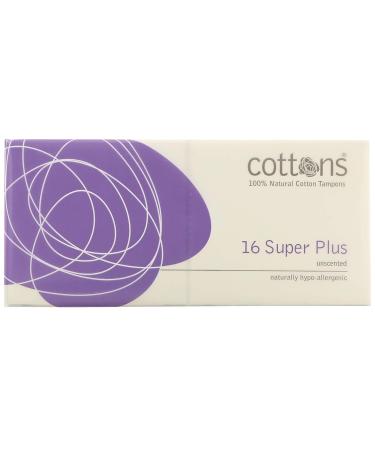 Cottons 100% Natural Cotton Tampons Super Plus Unscented 16 Tampons