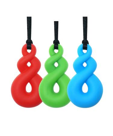 Silicone-Kaubeißring-necklace chewelry supporters for adults and small babies to wear soft sensory foster tools for autism ADHD and toothing children (3-person pack blue green red)