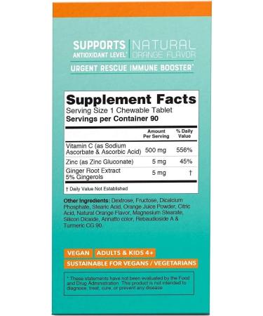 Nutricelebrity Vitamin C Chewable Tablets 500mg with Zinc & Ginger - Orange Flavor - Vegan Friendly - Non-GMO - 90 Tablets - Buy Online on GoSupps.com