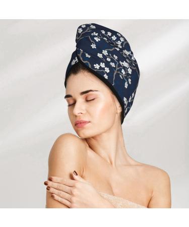 Hair Towel Wrap - Quick Drying Hair Turban with Button - Cherry Blossoms on Navy Background - Buy Online on GoSupps.com