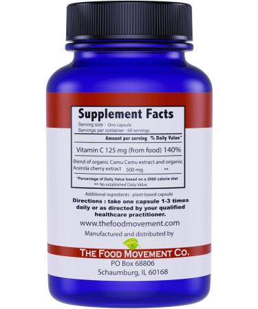THE FOOD MOVEMENT CO. 100% Plant-Based Vitamin C 60 Capsules 125mg - Adults Immune System Antioxidant Support Dietary Supplement - Whole Food Vegan Supplements from Organic Non-GMO Gluten-Free Fruits - Buy Online on GoSupps.com