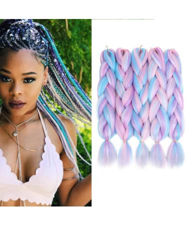 YMHPRIDE Mixed Color 5pcs Braiding Hair Extension Separable 24 Inch Jumbo Artificial Braiding Hair (White/Pink/Light Blue/Light Purple)