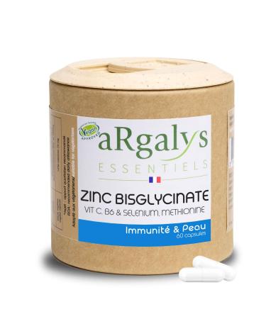 Zinc Bisglycinate + Vitamin B6 - 100% AR per day - High Absorption - Food Supplement Immunity, Skin, Hair, Acne - Cure 2 Months, 60 Vegetable Capsules - Made in France Argalys