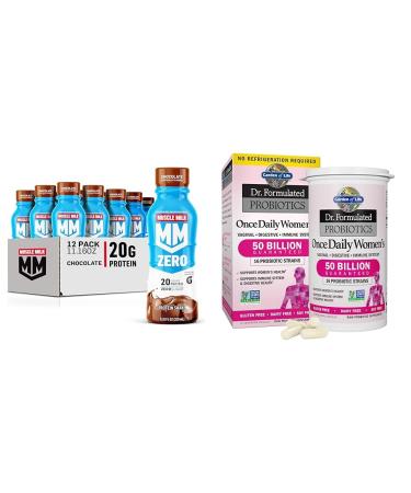 Muscle Milk Zero Protein Shake Chocolate 20g Protein Zero Sugar & Garden of Life Dr. Formulated Women's Probiotics Once Daily 16 Strains 50 Billion 30 Count (Pack of 1)