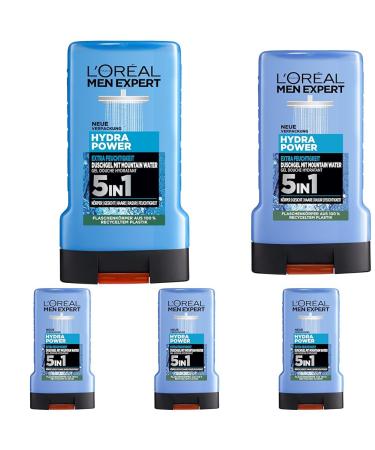 L'Or al Men Expert XXL 5in1 shower gel and shampoo for men shower bath for cleaning body hair and face men's body care for long -lasting freshness with carbon pure carbon 1 x 250 ml hydra power 250 ml (5 Pack)