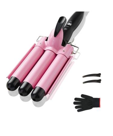 3 Barrel Curling Iron Hair Crimper , TOP4EVER 25mm(1 inch )Professional Hair Curling Wand with Two Temperature Control ,Fast Heating Portable Crimpers for Waving Hair (Pink)
