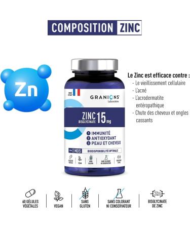 ZINC - GRANIONS - Zinc Bisglycinate 15 mg - Zinc Dietary Supplement - 2 Month Format - Zinc Biglycinate - Immunity Acne Face - Optimal Bioavailability - 60 Capsules - Buy Online on GoSupps.com