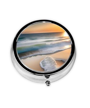 Sunset Over The Wavesround Pill Box 3 Compartments Round Pill Box Organizer for Purse Or Pocket Portable Travel Pill Box