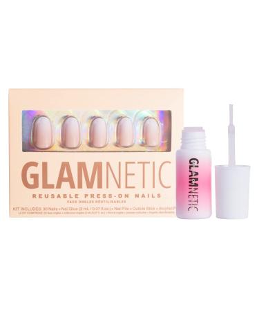 Glamnetic Creamer Press On Nails and Brush On Nail Glue | Neutral Ombre Short Round Nails | Mess Free, Brush Tip Applicator | 30 Nails with Glue