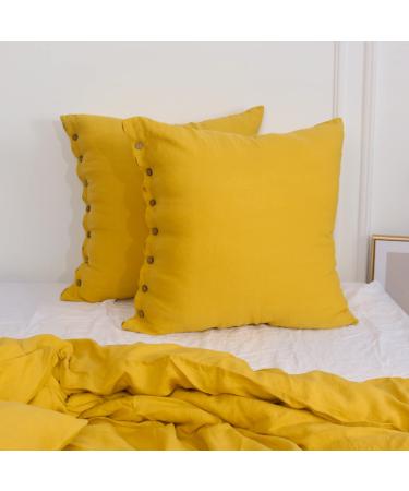 Simple&Opulence 100% Linen Euro Shams with Coconut Button ( 26'' x 26'' ) - Pack of 2 - Washed Solid Color Natural Flax Soft Breathable - Mustard Yellow Euro Shams Mustard Yellow