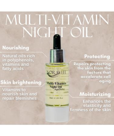 AgeDelay Multi-Vitamin Night Facial Oil | Intensive Skin Tightening & Moisturizer | Antioxidant Serum with Vitamin E Omega 3 6 9 & Seaweed - 30ml - Buy Online on GoSupps.com