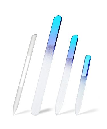4 Pcs Glass Nail File Set Fingernail Files and Cuticle Pusher Double Sided Crystal Nail Files for Natural Nail Manicure Pedicure Nail Buffer Cuticle Trimmer Foot Callus Remover (Gradient Blue)
