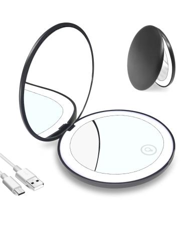 Surmopeak LED-Compact-Mirror for Purses, Rechargeable 1X/10X Lighted-Magnifying-Compact-Mirror with Light, Dimmable Travel-Makeup-Mirror, Pocket-Mirror for Handbag, Black