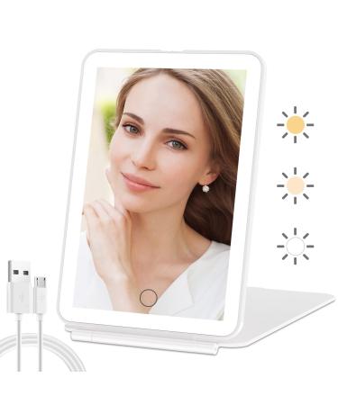 Rechargeable Lighted Travel Makeup Vanity Mirror with 3 Colors Lighting, Light Up Mirror with 72 LEDs and Touch Sensor Dimming, Foldable Portable Ultra Thin Tabletop Compact Cosmetic Beauty Mirror White