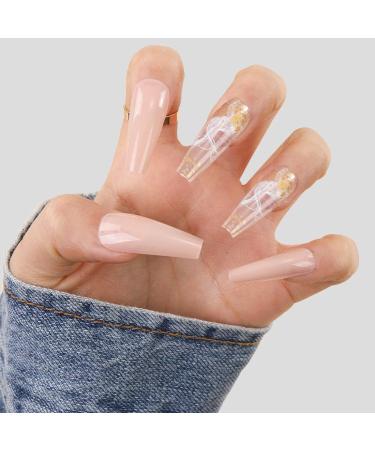 Sinlov 24 pieces coffin art nails nude press artificial nails long ballerina artificial fingernails artificial nails artificial tips (nude 2) nude 2