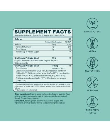 Ora Organic Prebiotic & Probiotic Powder Supplement - 20 Billion Probiotics, 7 Strains, Non-GMO, Lavender Lemonade Flavor, 30 Servings, 7.93 oz - Buy Online on GoSupps.com