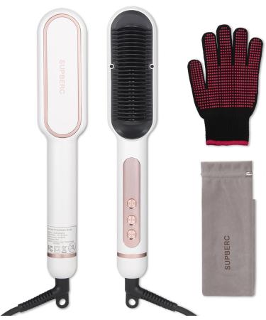 Negative Ionic Hair Straightener Brush with 9 Temp Settings 30s Fast Heating Hair Straightening Comb with LED Display Anti-Scald & Auto-Shut Off Hair Straightening Iron (White)