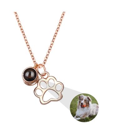 Projection chain with photo personalized dog paw print chain 925 sterling silver pet photo necklace dog bones trailer picture chain in stone pet memories jewelry gifts women paw-rose gold
