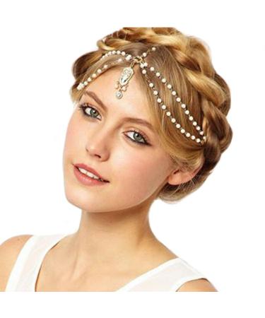 Aukmla White Indian Chain Hair Jewelry Boho Festival Egyptian Head Chain Pendant Headpiece Beads Gold bridal Hairstyle Pearls Christmas for Women and Girls