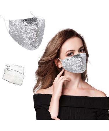 Bling Sequin Face Mask for Women, Sparkly Glitter Fashion Face Mask with 2 Filters Reusable Washable,Silver