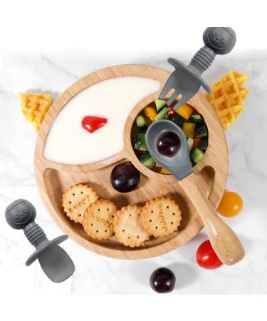 77 Star Bamboo Baby Weaning Set - Suction Bowl, Plate, Spoon & Fork | Non-Slip Baby Feeding Set with Detachable Suction Base | Grey Color - Buy Online on GoSupps.com