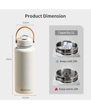 Blackube 1000ml Stainless Steel Drinking Bottle - BPA-Free Leak-Proof Thermos with Straw for Sports Fitness Camping & School - White - Buy Online on GoSupps.com