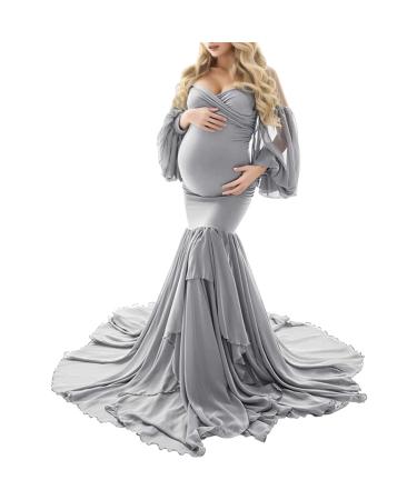Robe de maternit pour femme - Couleur unie - l gante - En mousseline de soie - paules d nud es - Robe de soir e - Robe longue enceinte - Robe d' t L Gris