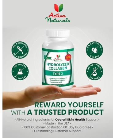 Activa Naturals Collagen Type 2 Hydrolyzed Supplement with Chondroitin and Hyaluronic, for Healthy Hair, Skin, and Nails, No Fillers, Additives, and No Artificial Colors - 120 Vegetarian Capsules - Buy Online on GoSupps.com
