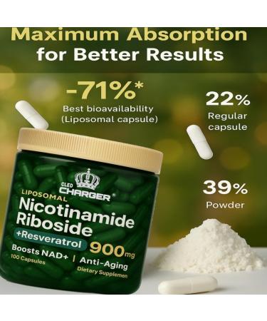 Cled Charger NAD+ Supplement Liposomal Nicotinamide Riboside Resveratrol NMN Supplement Alternative for Anti-Aging Energy Focus for Women and Men 100 Capsules - Buy Online on GoSupps.com