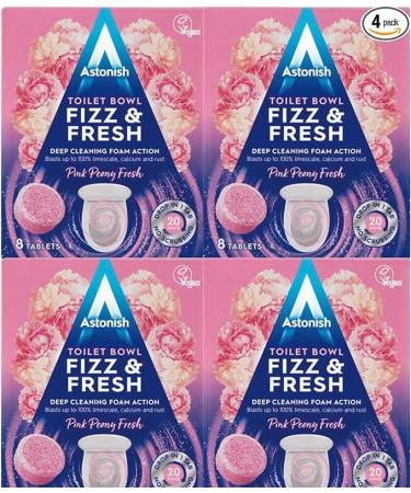 4 Pack Of Astonish Toilet Bowl Fizz & fresh Deep Cleaning Foam Action (Pink Peony Fresh) 32 Tablets In Total