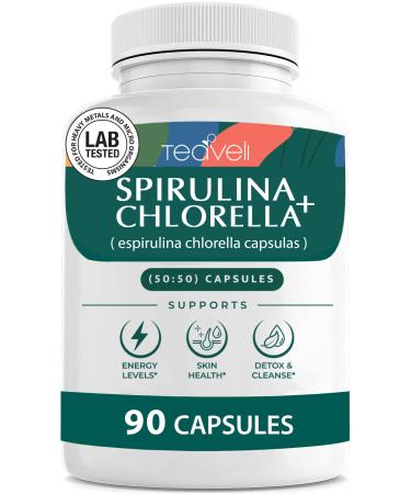 Organic Spirulina and Chlorella Capsules Organic Chlorophyll & Blue Green Algae to Support Powerful Detox, Energy & A Healthy Immune System 3X More Chlorella Spirulina Powder / Serving  90 Pills