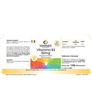 Vegan Vitamin B3 50mg (Nicotinamide) | 500 Tablets by Warnke Vitalstoffe - Buy Online on GoSupps.com
