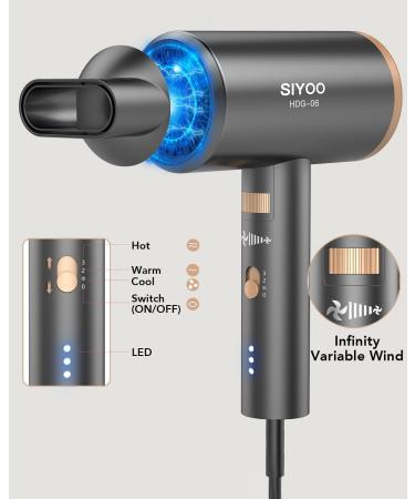 Siyoo 1600W Ionic Hair Dryer with Diffuser for Constant Temperature Hair Care - Lightweight Portable Travel Hairdryer in Grey Gold - Buy Online on GoSupps.com