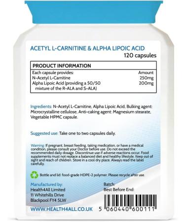 Acetyl L-Carnitine 250mg & Alpha Lipoic Acid 200mg 120 Capsules - Vegan ALCAR ALA Supplement | Health4All Made in UK - 120 Count - Buy Online on GoSupps.com