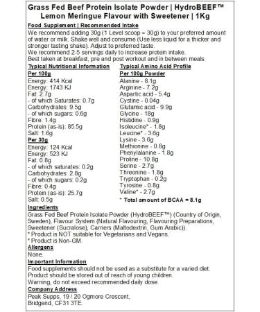 Grass Fed Beef Protein Isolate 95% - HydroBEEF | Lemon Meringue Flavour (1kg) Lemon Meringue 1kg - Buy Online on GoSupps.com